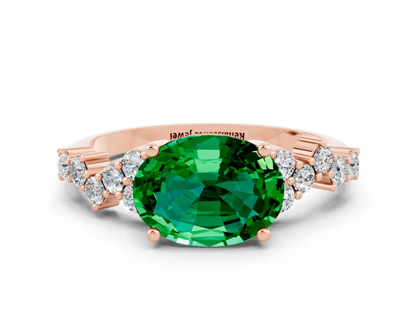 Rose gold Oval Cut Emerald Scattered Round Accent Ring with Prong Setting