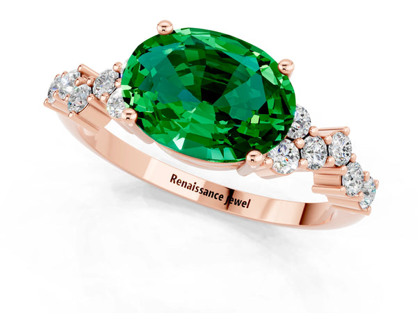 Rose gold Oval Cut Emerald Scattered Round Accent Ring with Prong Setting