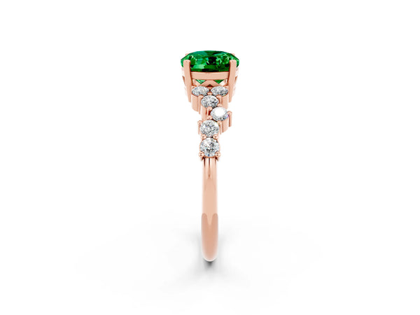 Rose gold Oval Cut Emerald Scattered Round Accent Ring with Prong Setting
