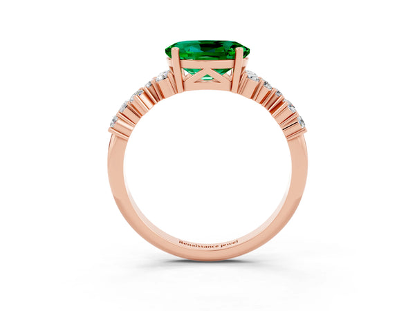 Rose gold Oval Cut Emerald Scattered Round Accent Ring with Prong Setting