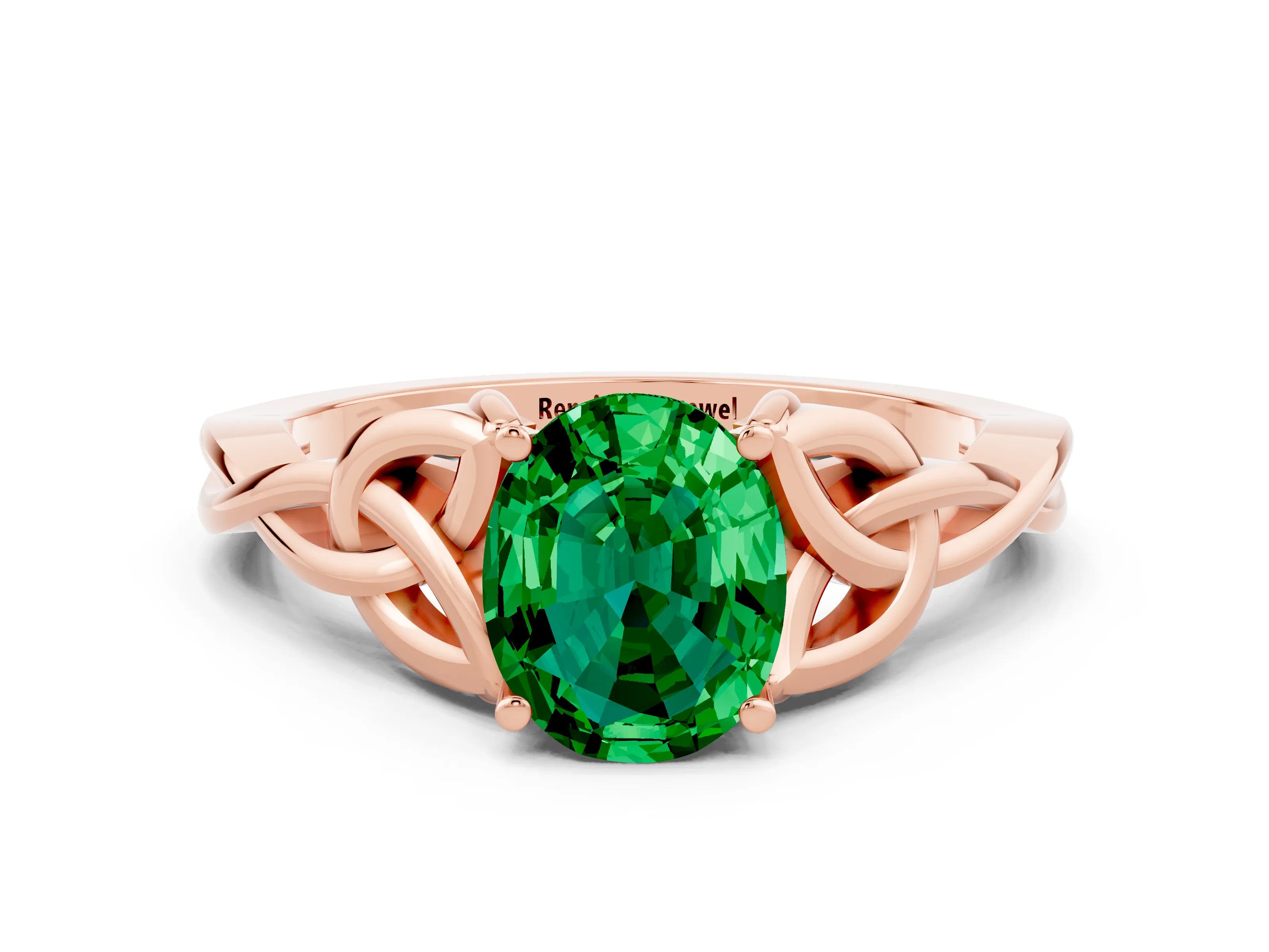 Rose gold Oval Cut Emerald Solitaire Celtic Knot Ring with Four-Prong Setting_12