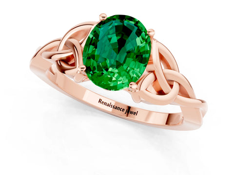 Rose gold Oval Cut Emerald Solitaire Celtic Knot Ring with Four-Prong Setting_13