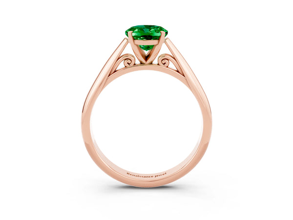 Rose gold Oval Cut Emerald Solitaire Engagement Ring with Cathedral Setting and Four-Prong Mount