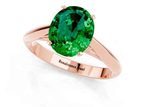 Rose gold Oval Cut Emerald Solitaire Engagement Ring with Cathedral Setting and Four-Prong Mount
