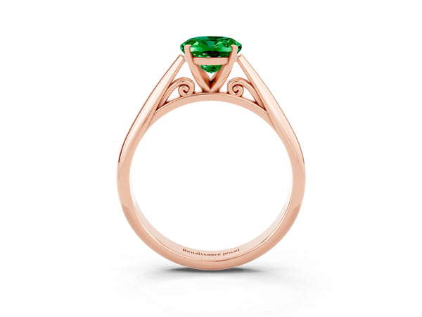 Rose gold Oval Cut Emerald Solitaire Engagement Ring with Cathedral Setting and Four-Prong Mount