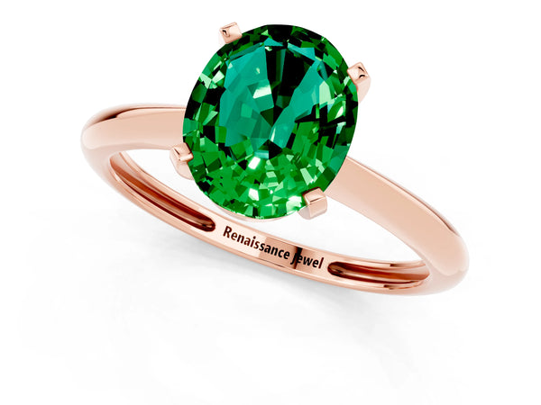 Rose gold Oval Cut Emerald Solitaire Engagement Ring with Classic Band and Four-Prong Setting
