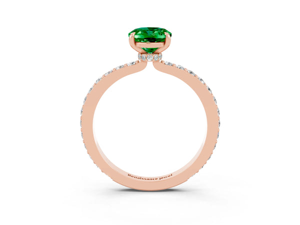 Rose gold Oval Cut Emerald Solitaire Engagement Ring with Pavé Band and Four-Prong Setting