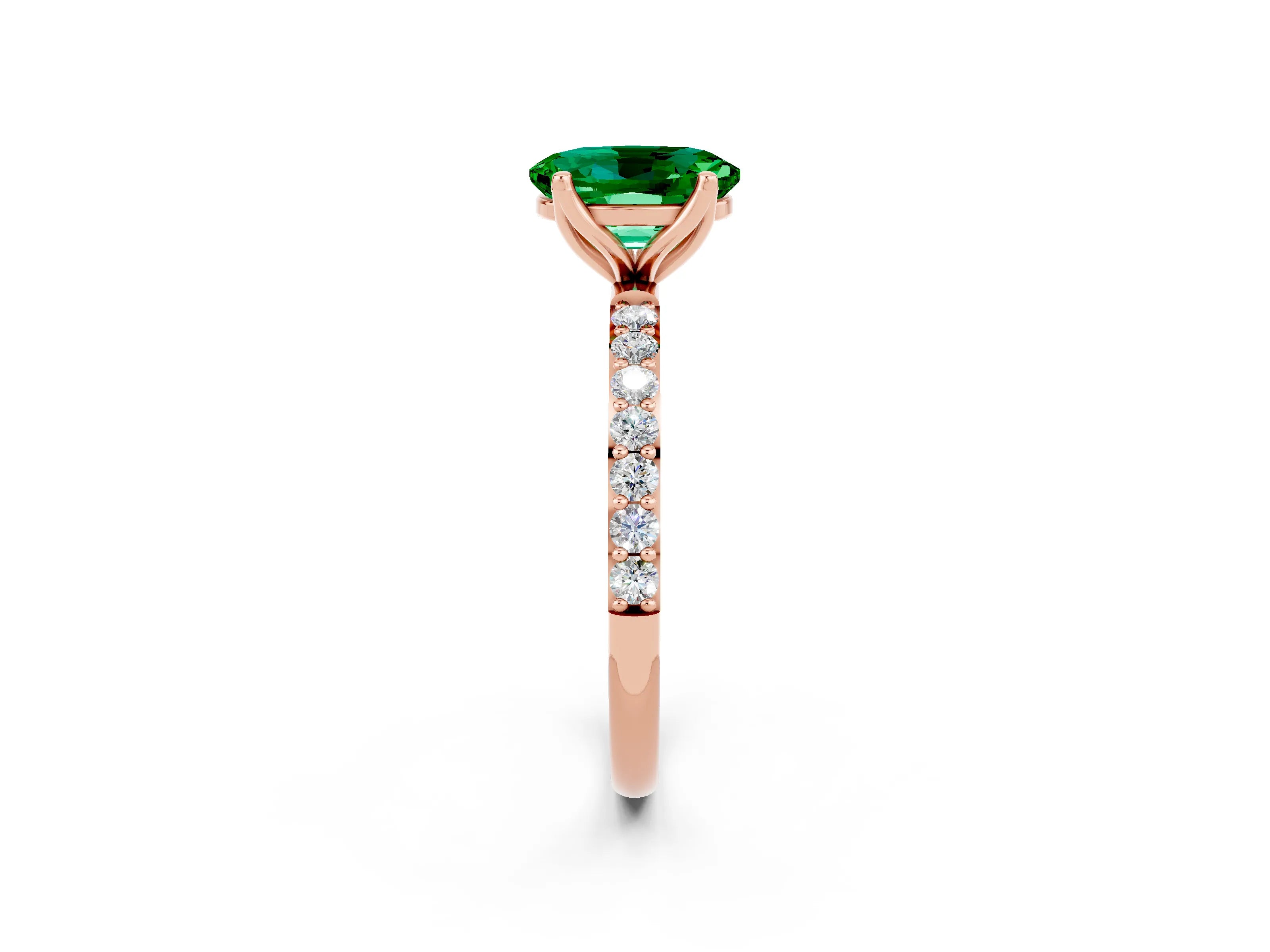 Rose gold Oval Cut Emerald Solitaire Engagement Ring with Pavé Band and Prong Setting_2