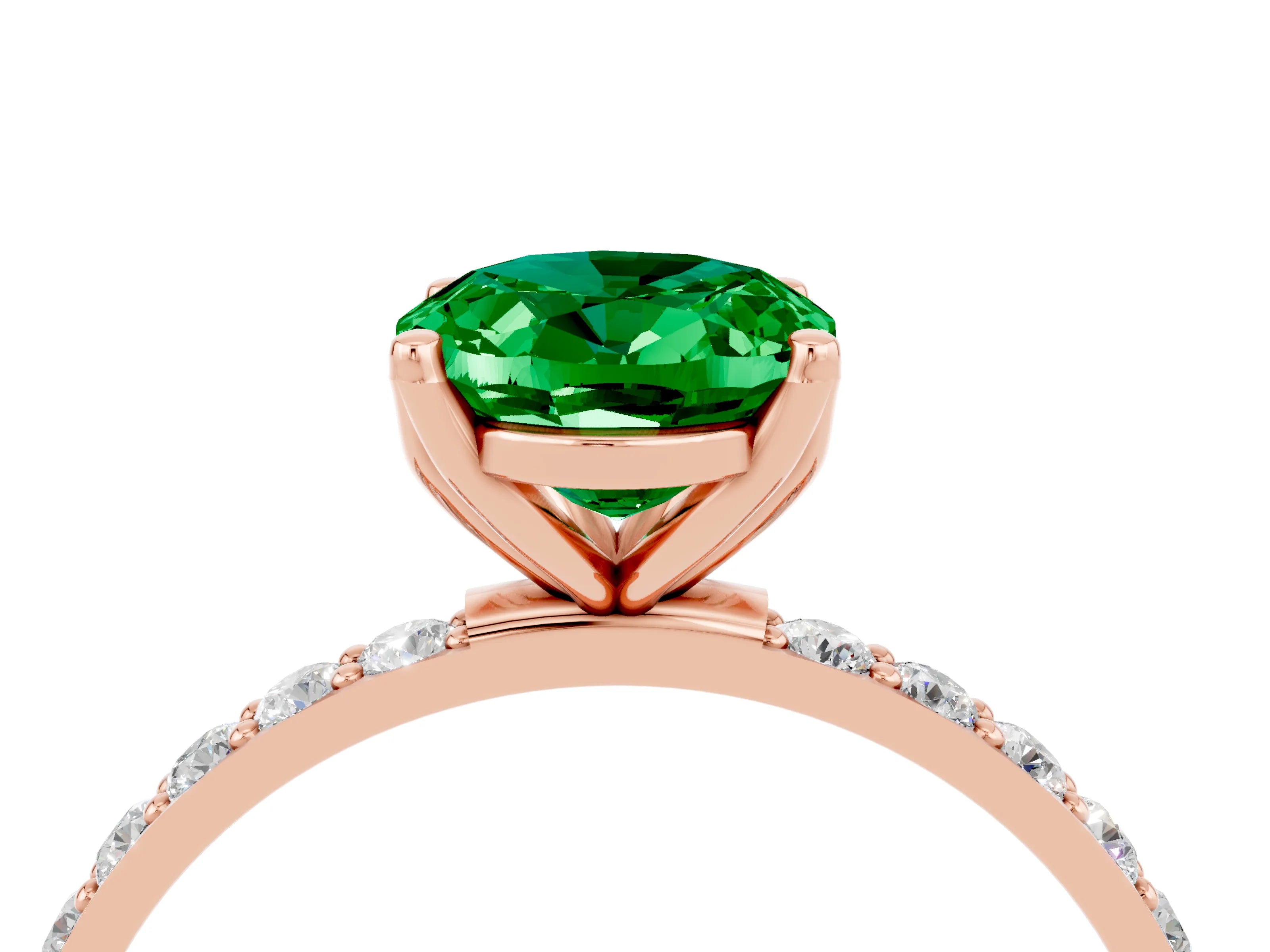 Rose gold Oval Cut Emerald Solitaire Engagement Ring with Pavé Band and Prong Setting_4