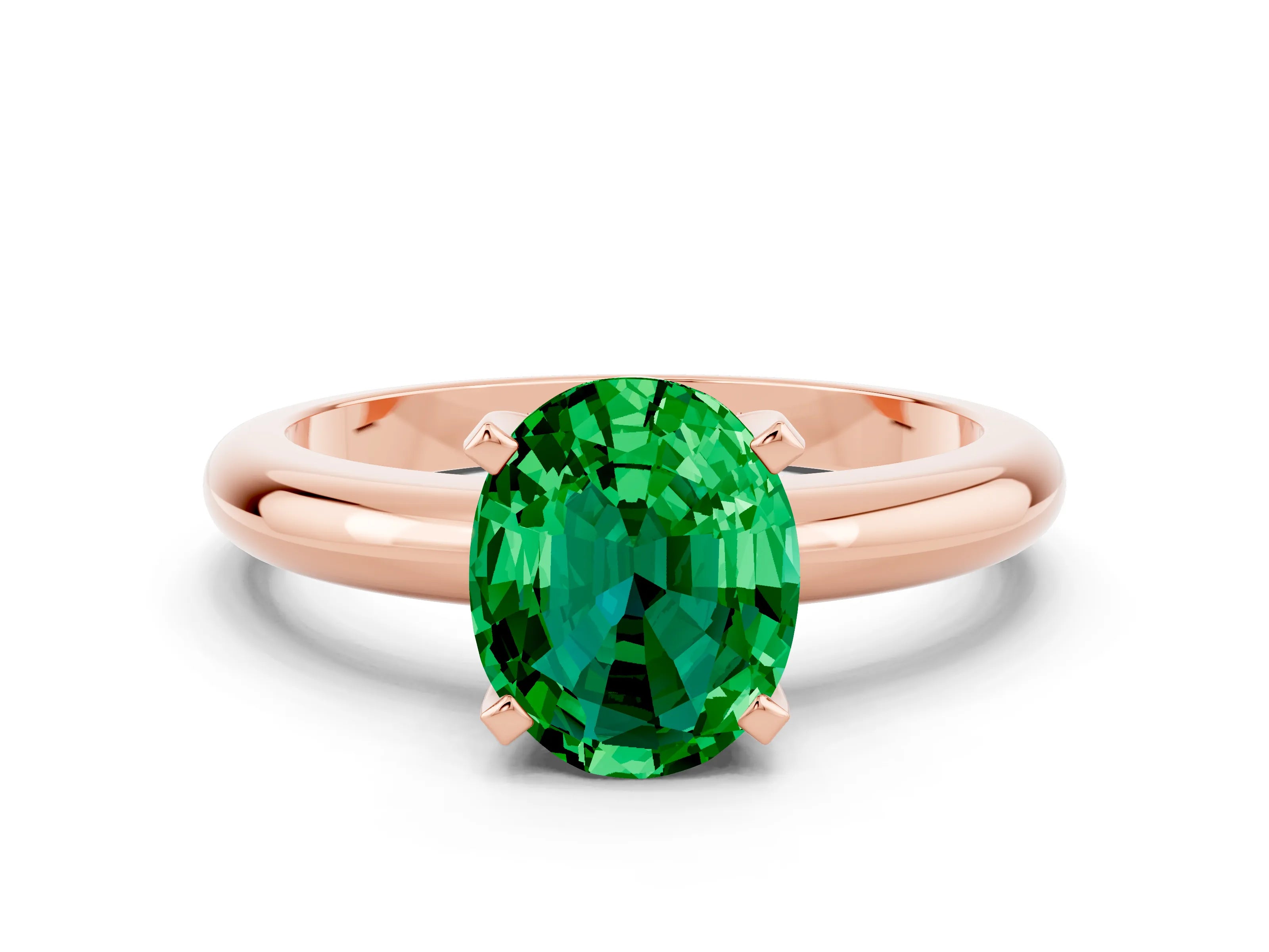 Rose gold Oval Cut Emerald Solitaire Engagement Ring with Round Band and Four-Prong Setting