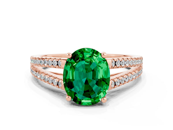 Rose gold Oval Cut Emerald Solitaire Engagement Ring with Split Shank Pavé Band