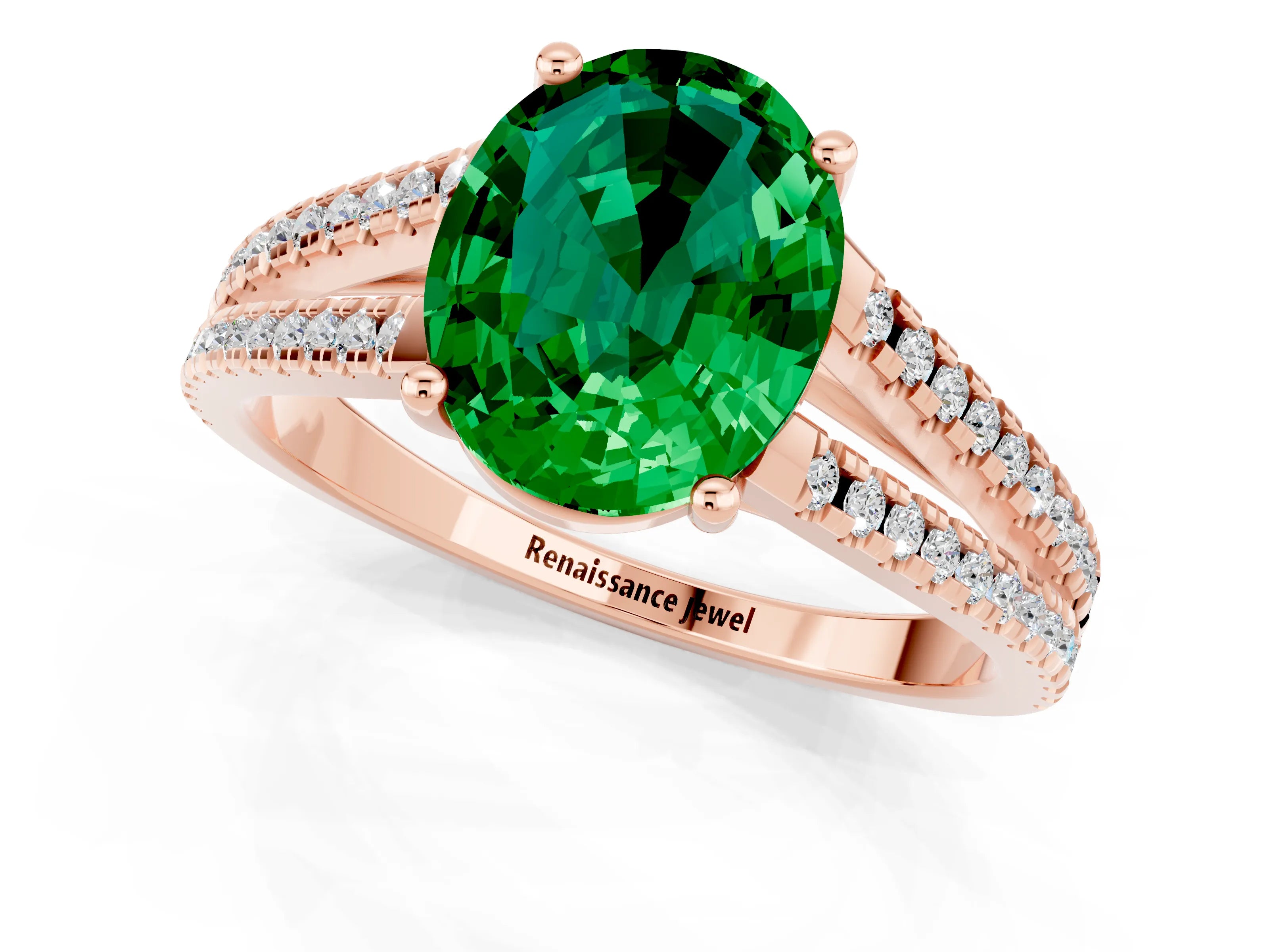 Rose gold Oval Cut Emerald Solitaire Engagement Ring with Split Shank Pavé Band_1