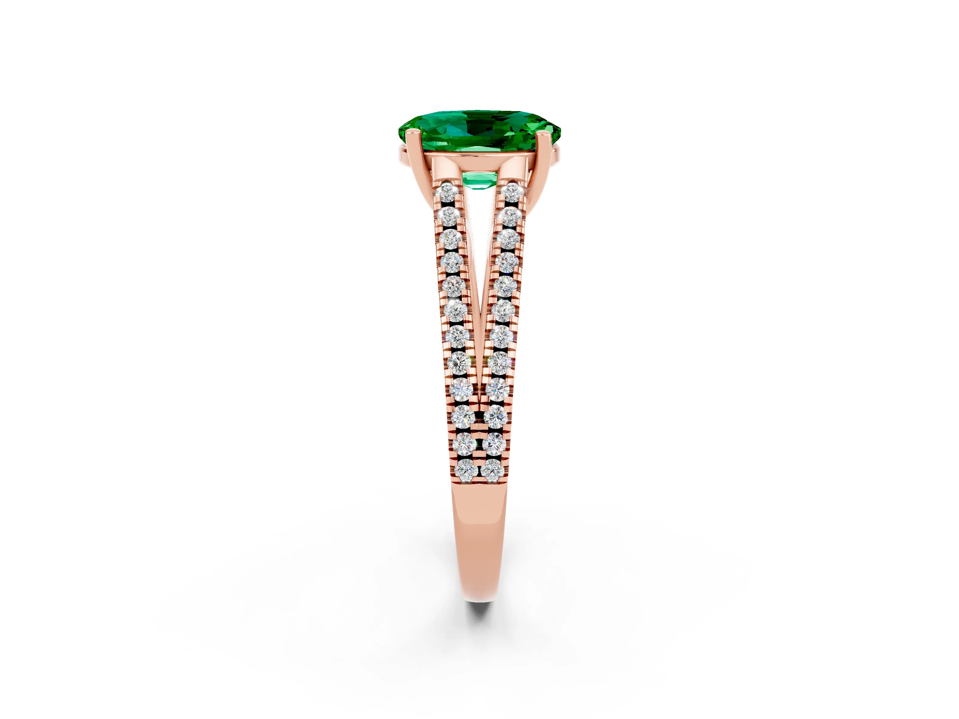 Rose gold Oval Cut Emerald Solitaire Engagement Ring with Split Shank Pavé Band_2