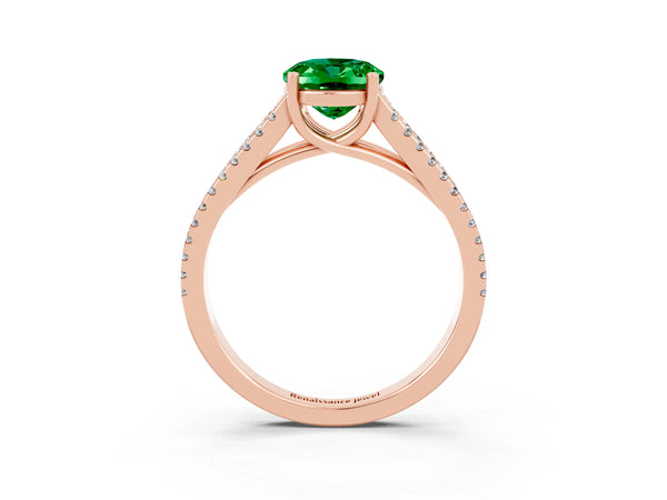 Rose gold Oval Cut Emerald Solitaire Engagement Ring with Split Shank Pavé Band