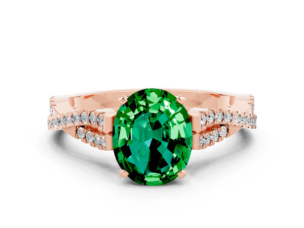 Rose gold Oval Cut Emerald Solitaire Engagement Ring with Twisted Pavé Band and Four-Prong Setting