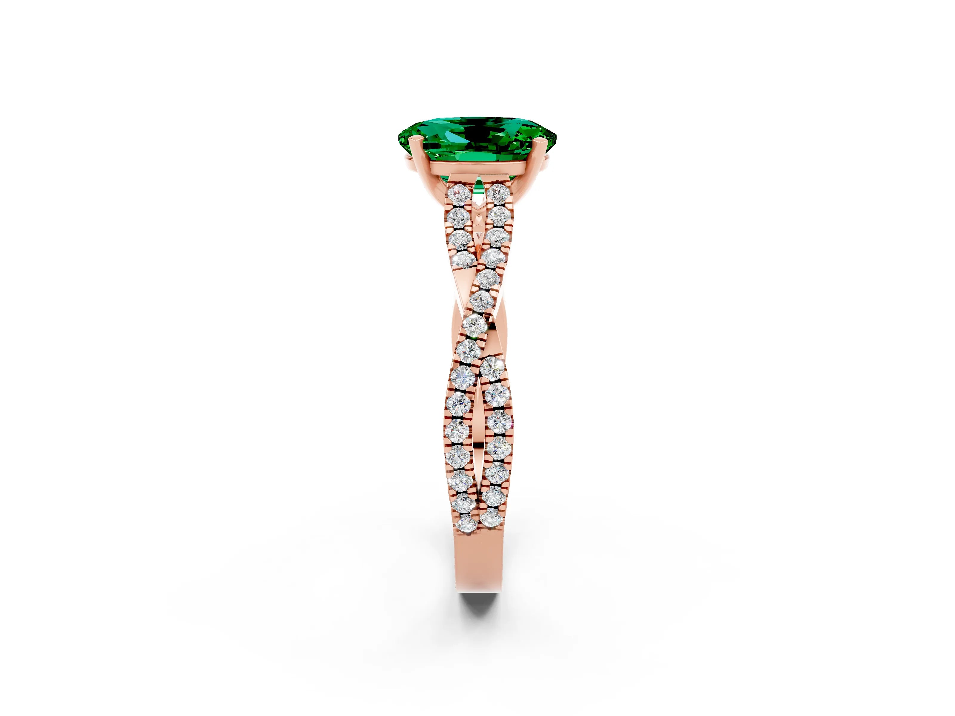 Rose gold Oval Cut Emerald Solitaire Engagement Ring with Twisted Pavé Band and Four-Prong Setting_2