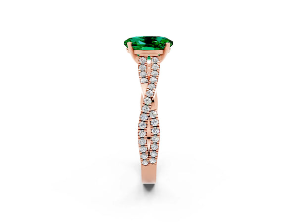 Rose gold Oval Cut Emerald Solitaire Engagement Ring with Twisted Pavé Band and Four-Prong Setting