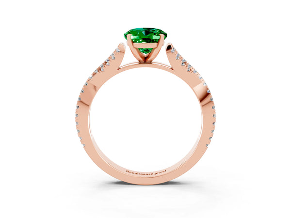 Rose gold Oval Cut Emerald Solitaire Engagement Ring with Twisted Pavé Band and Four-Prong Setting