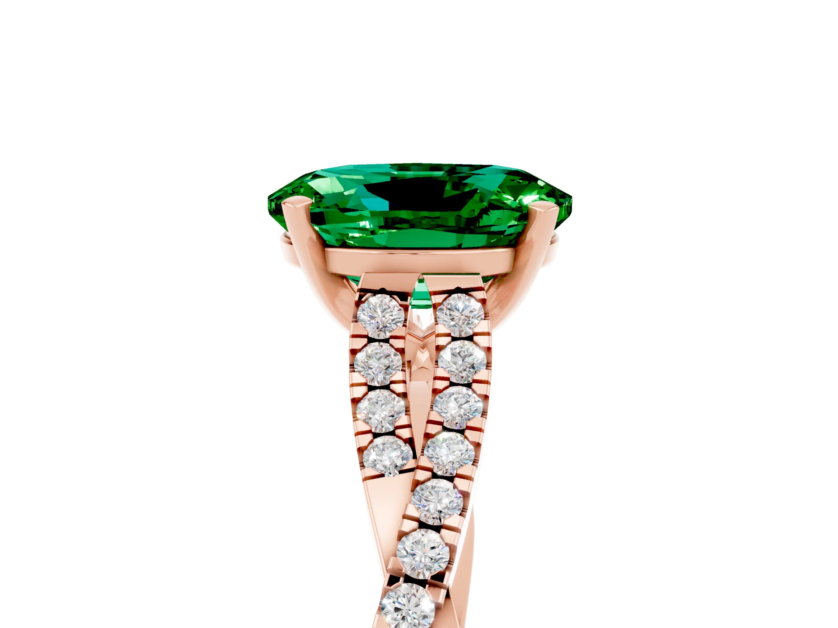 Rose gold Oval Cut Emerald Solitaire Engagement Ring with Twisted Pavé Band and Four-Prong Setting_5