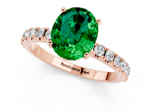 Rose gold Oval Cut Emerald Solitaire Pavé Band with Four-Prong Setting_1