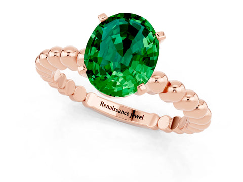 Rose gold Oval Cut Emerald Solitaire Ring with Beaded Band and Prong Setting_1