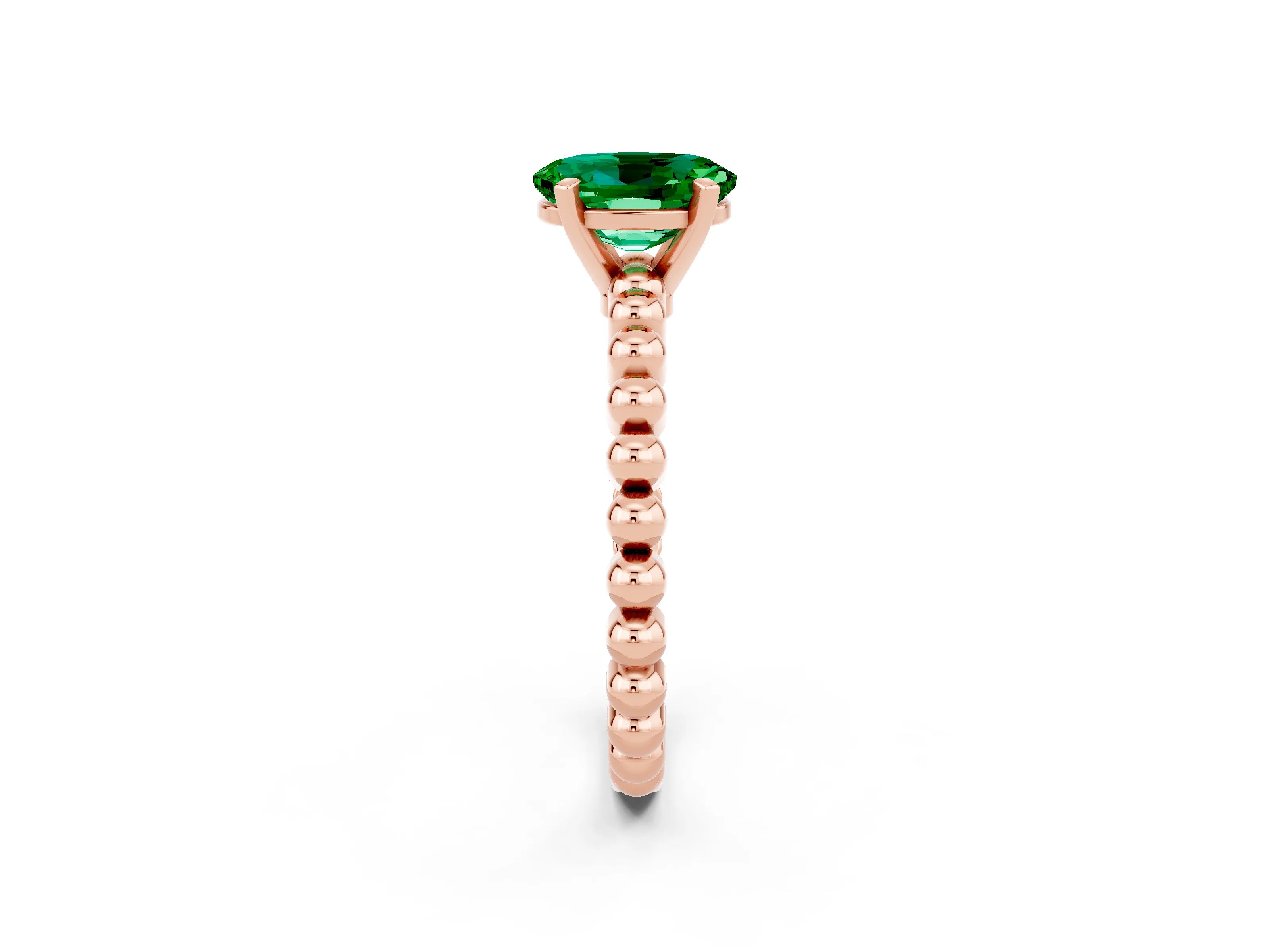 Rose gold Oval Cut Emerald Solitaire Ring with Beaded Band and Prong Setting_2