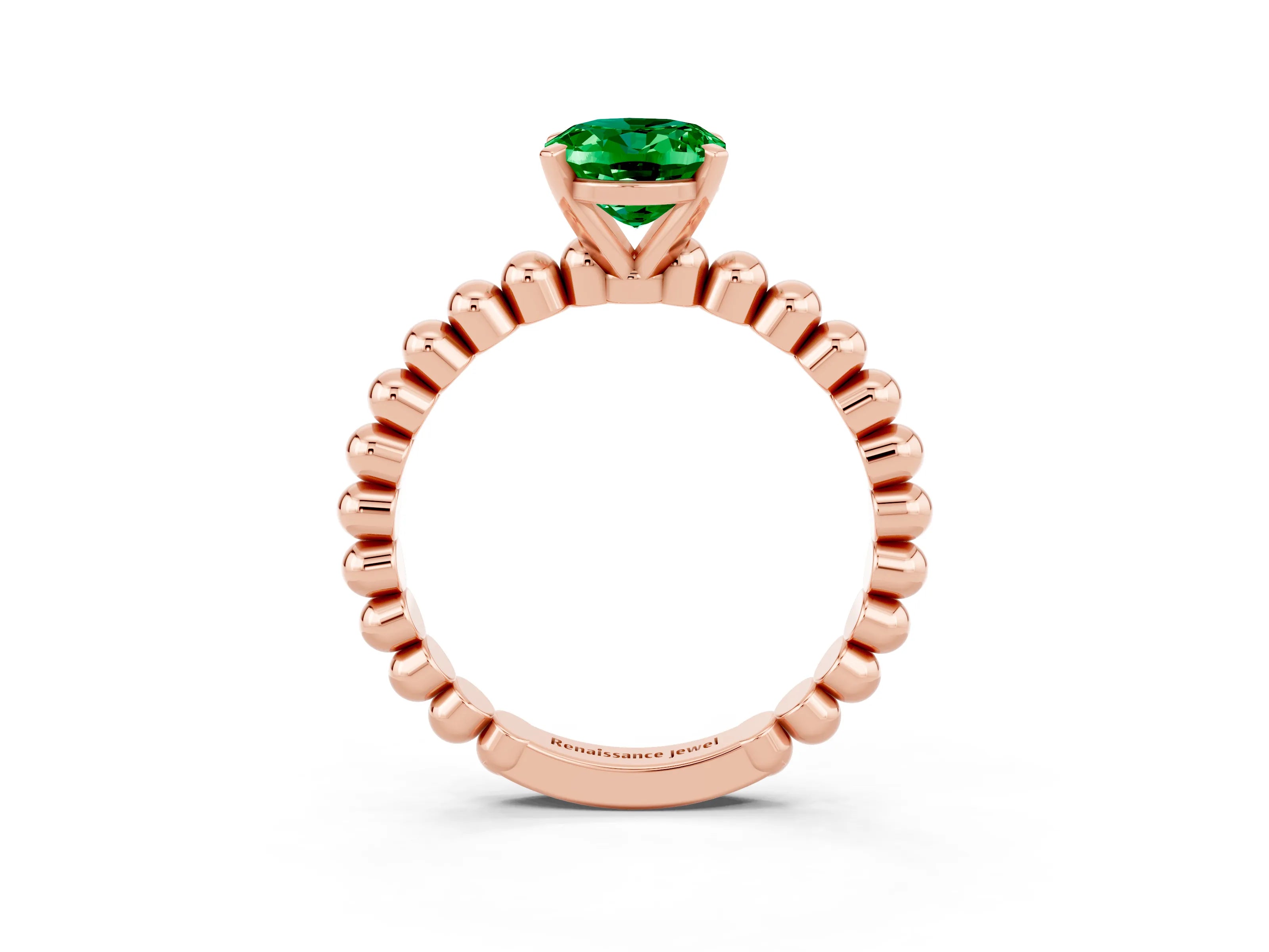 Rose gold Oval Cut Emerald Solitaire Ring with Beaded Band and Prong Setting_3