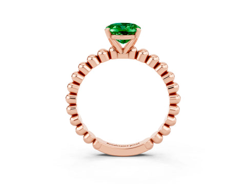Rose gold Oval Cut Emerald Solitaire Ring with Beaded Band and Prong Setting_3