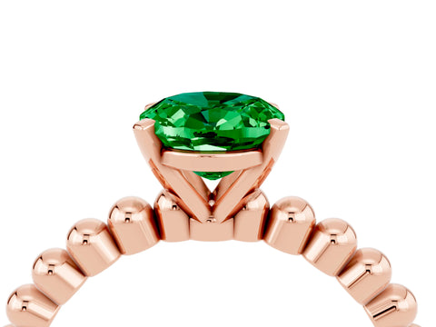 Rose gold Oval Cut Emerald Solitaire Ring with Beaded Band and Prong Setting_4