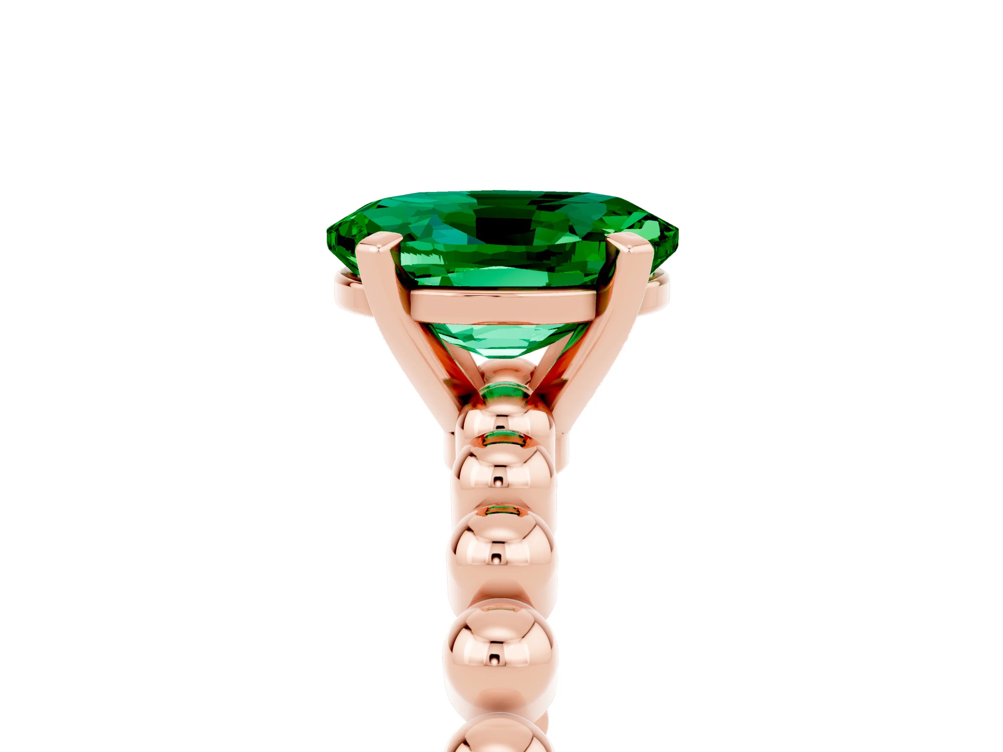 Rose gold Oval Cut Emerald Solitaire Ring with Beaded Band and Prong Setting_5