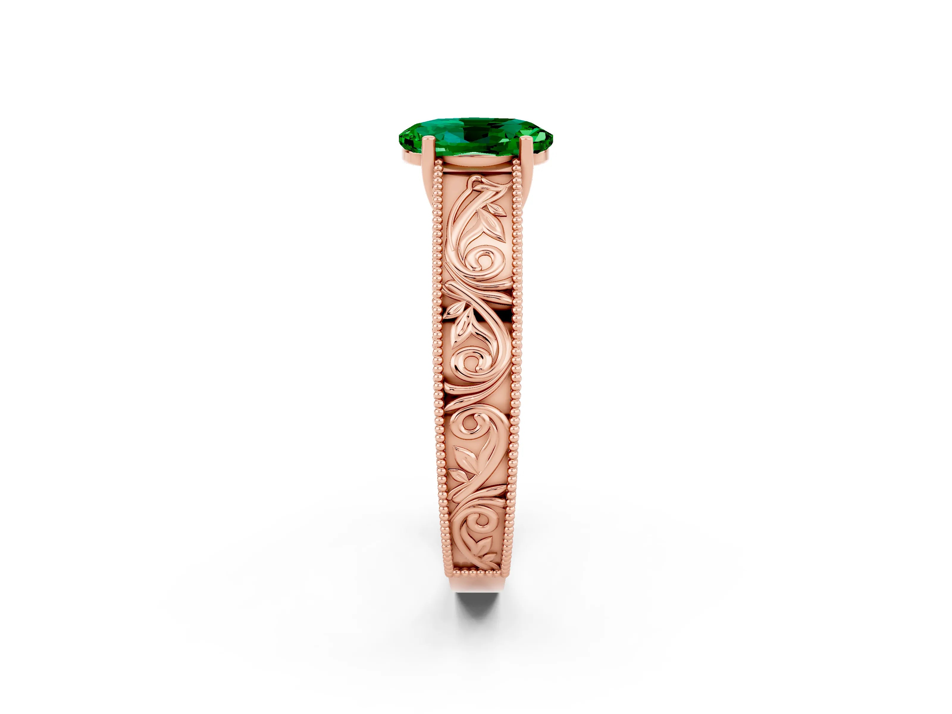 Rose gold Oval Cut Emerald Solitaire Ring with Engraved Band and Four-Prong Setting_2