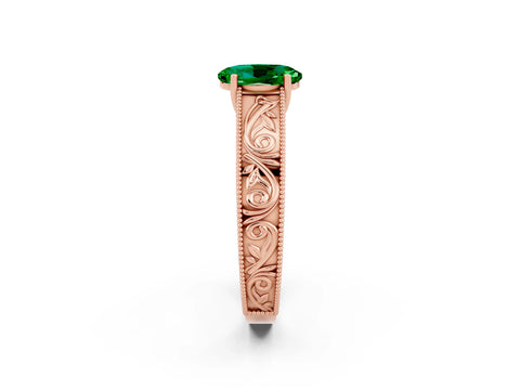 Rose gold Oval Cut Emerald Solitaire Ring with Engraved Band and Four-Prong Setting_2