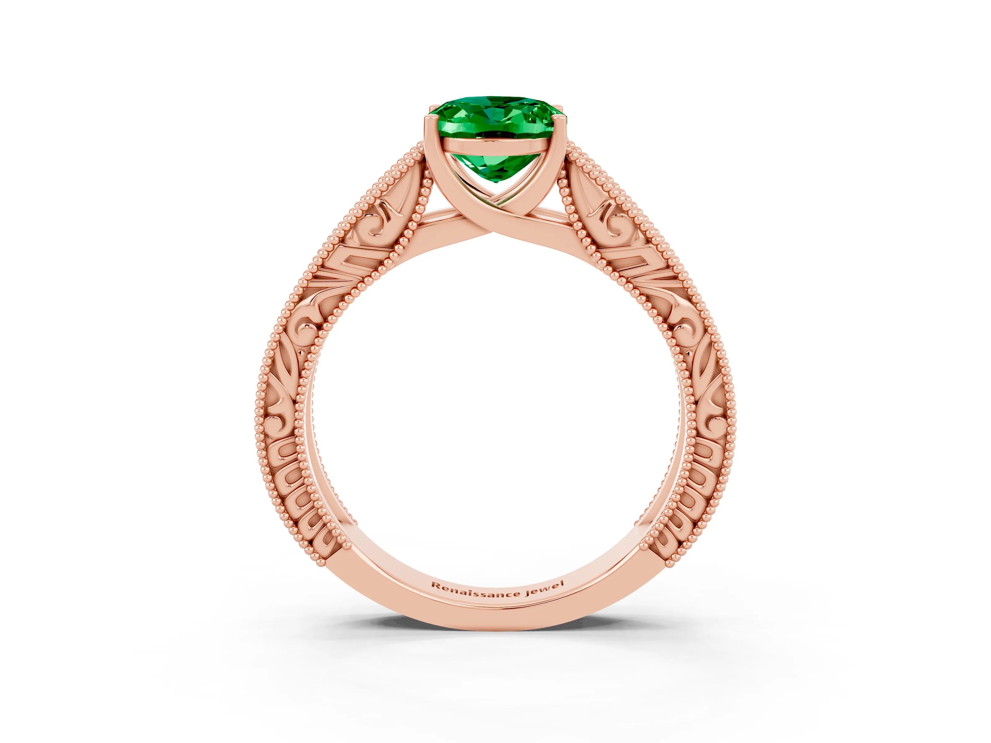 Rose gold Oval Cut Emerald Solitaire Ring with Engraved Band and Four-Prong Setting_3