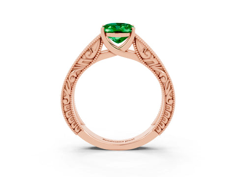 Rose gold Oval Cut Emerald Solitaire Ring with Engraved Band and Four-Prong Setting_3