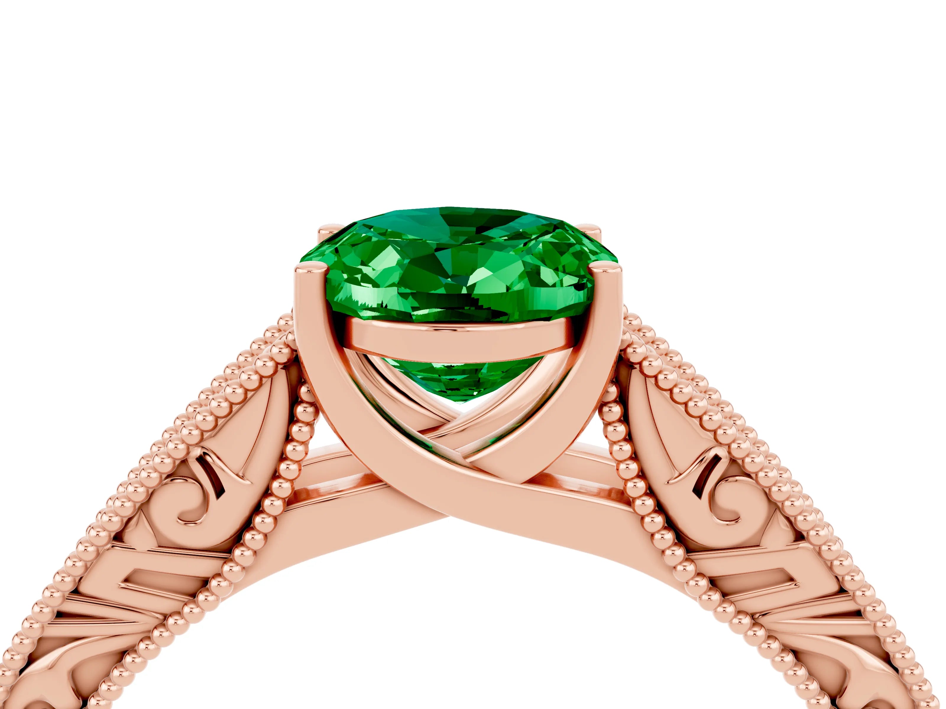 Rose gold Oval Cut Emerald Solitaire Ring with Engraved Band and Four-Prong Setting_4