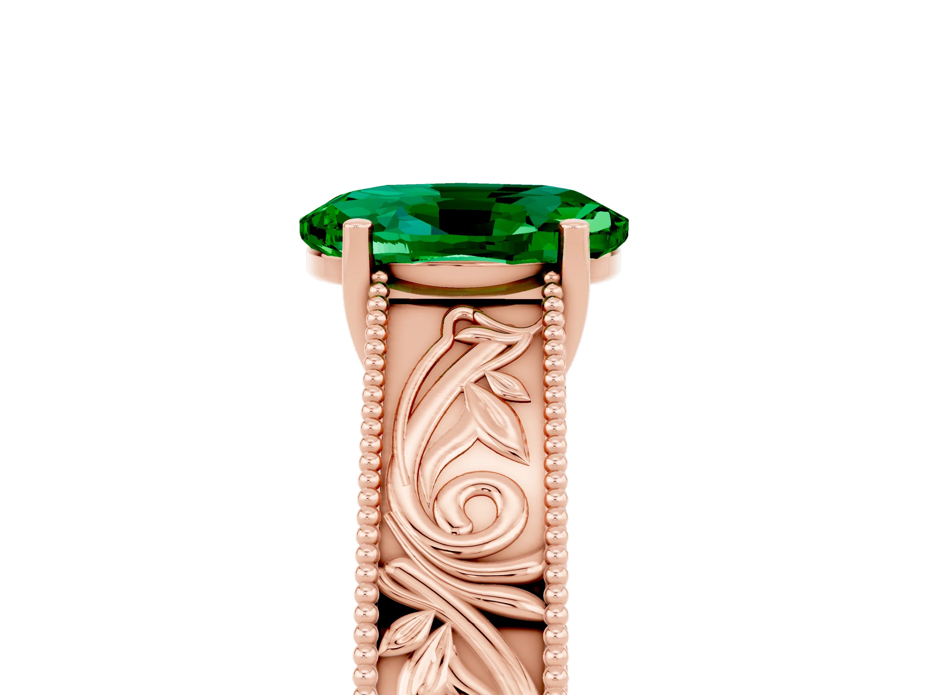 Rose gold Oval Cut Emerald Solitaire Ring with Engraved Band and Four-Prong Setting_5