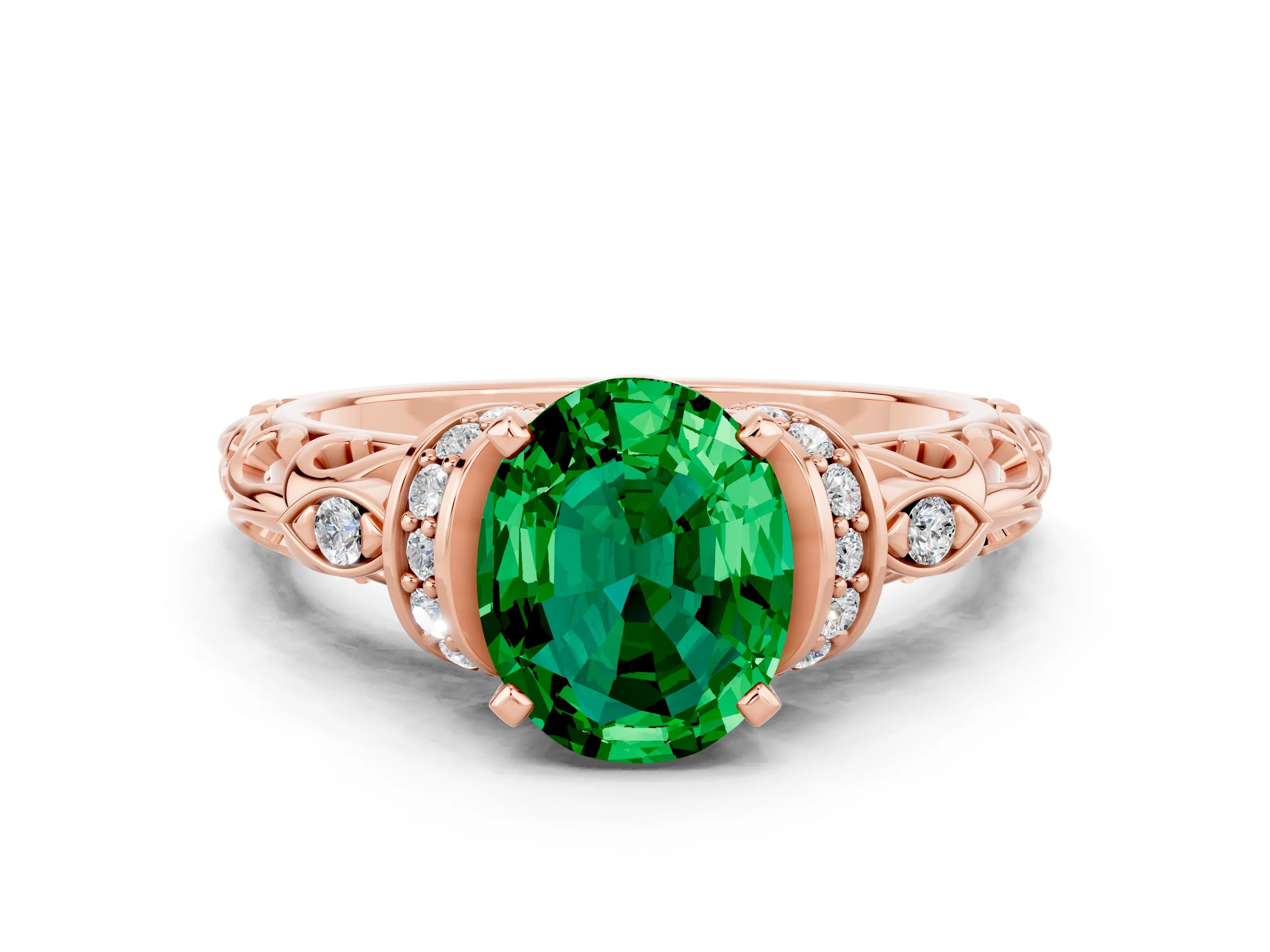 Rose gold Oval Cut Emerald Solitaire Ring with Filigree Band and Four-Prong Setting_24