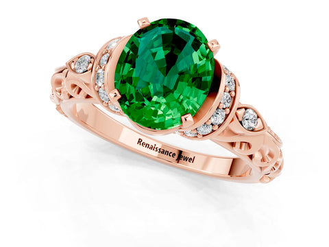 Rose gold Oval Cut Emerald Solitaire Ring with Filigree Band and Four-Prong Setting_25