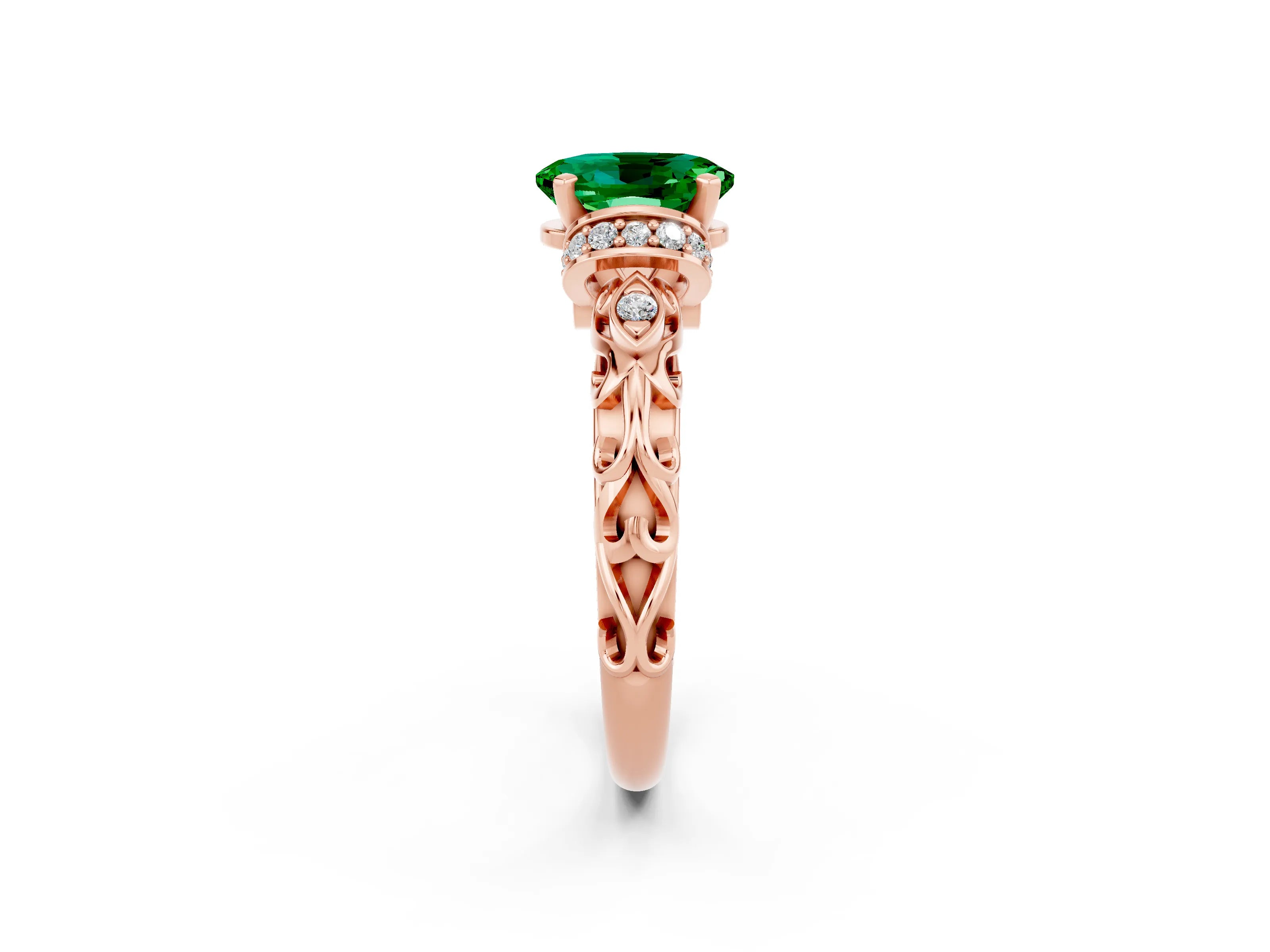 Rose gold Oval Cut Emerald Solitaire Ring with Filigree Band and Four-Prong Setting_26