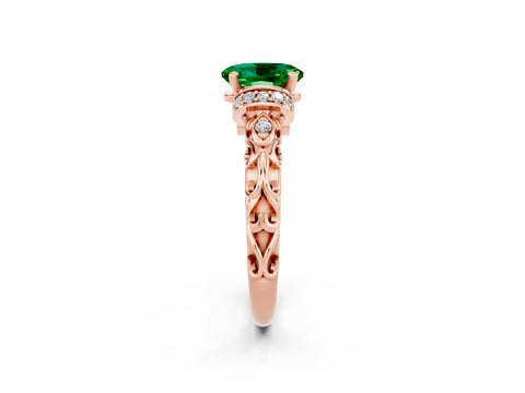 Rose gold Oval Cut Emerald Solitaire Ring with Filigree Band and Four-Prong Setting_26