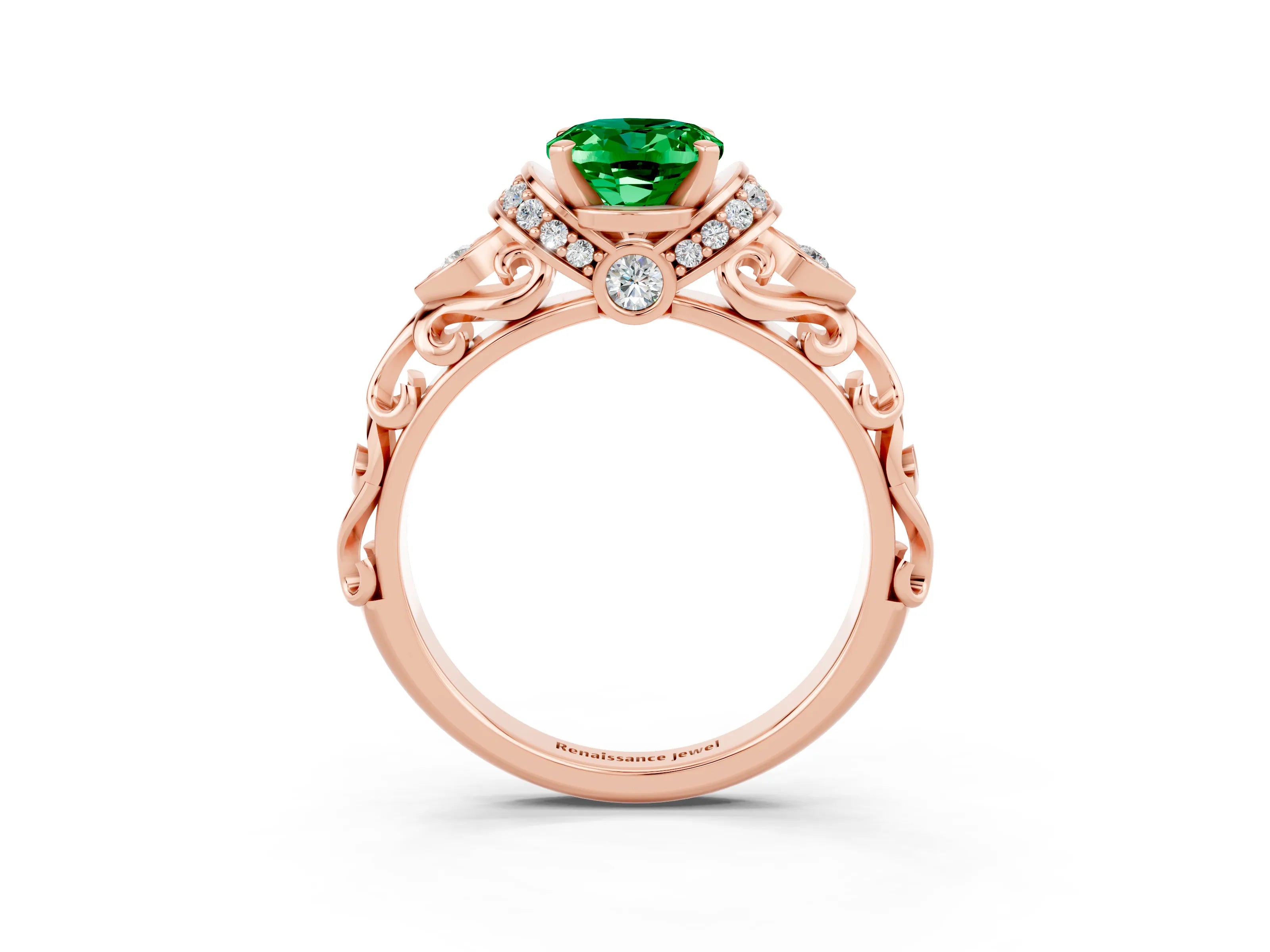 Rose gold Oval Cut Emerald Solitaire Ring with Filigree Band and Four-Prong Setting_27