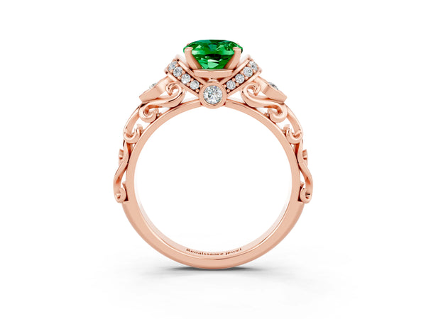 Rose gold Oval Cut Emerald Solitaire Ring with Filigree Band and Four-Prong Setting