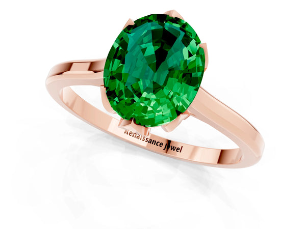 Rose gold Oval Cut Emerald Solitaire Ring with Flower Prong Setting and Classic Band