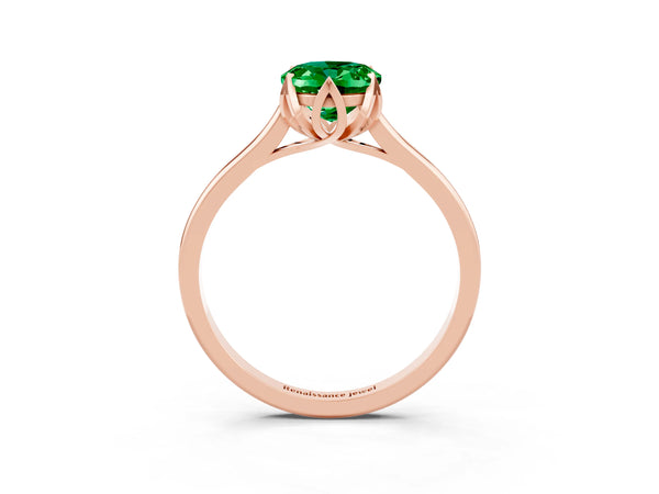 Rose gold Oval Cut Emerald Solitaire Ring with Flower Prong Setting and Classic Band