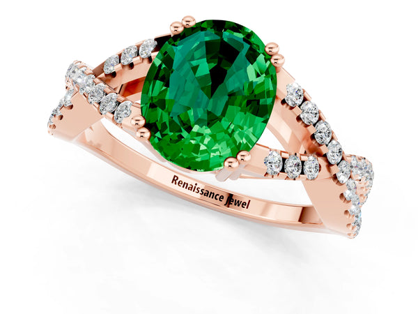 Rose gold Oval Cut Emerald Solitaire Ring with Four-Prong Setting and Twisted Pavé Band
