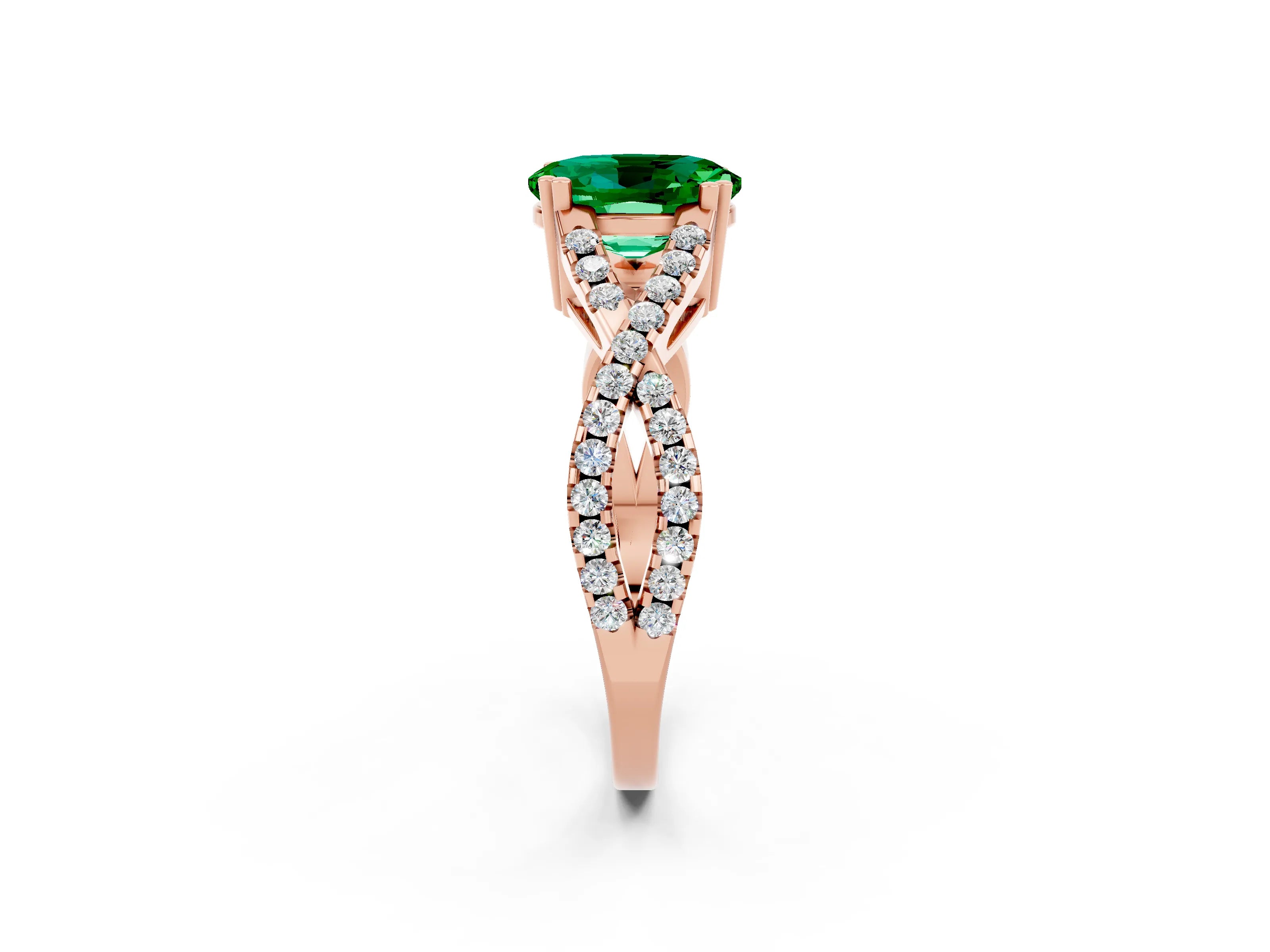 Rose gold Oval Cut Emerald Solitaire Ring with Four-Prong Setting and Twisted Pavé Band_2