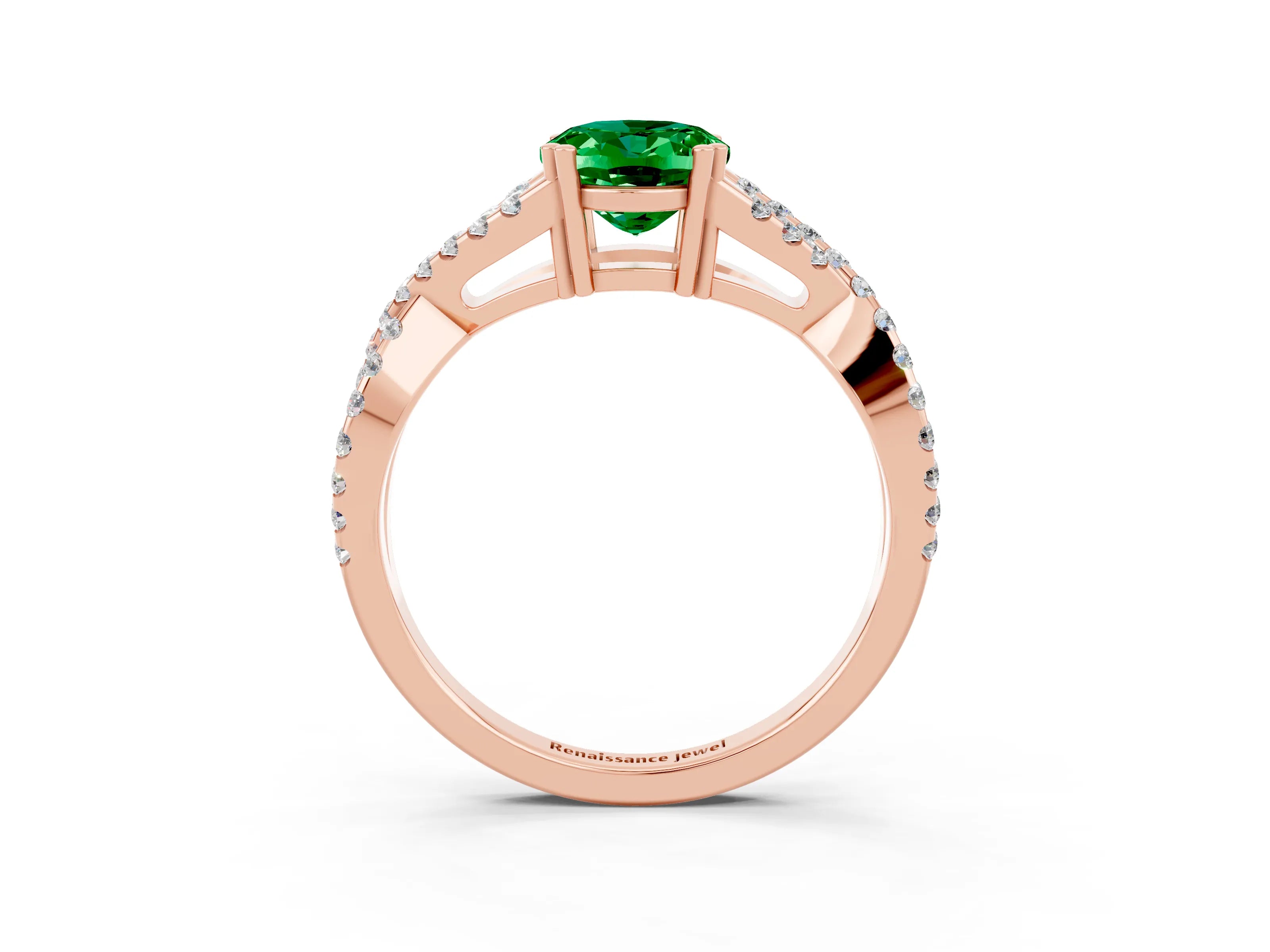 Rose gold Oval Cut Emerald Solitaire Ring with Four-Prong Setting and Twisted Pavé Band_3