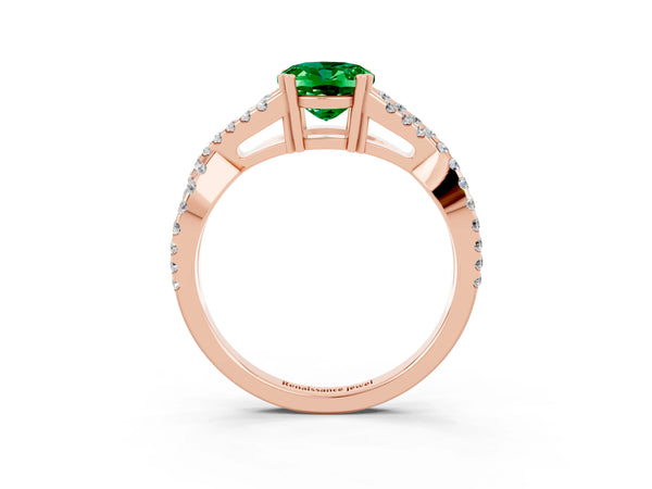 Rose gold Oval Cut Emerald Solitaire Ring with Four-Prong Setting and Twisted Pavé Band