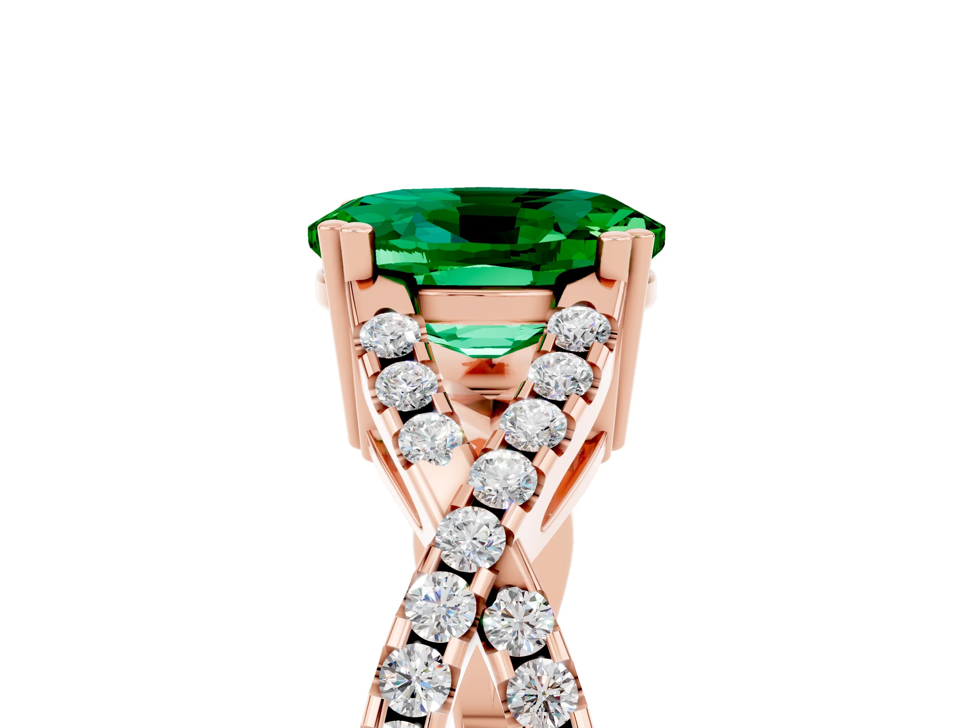 Rose gold Oval Cut Emerald Solitaire Ring with Four-Prong Setting and Twisted Pavé Band_5