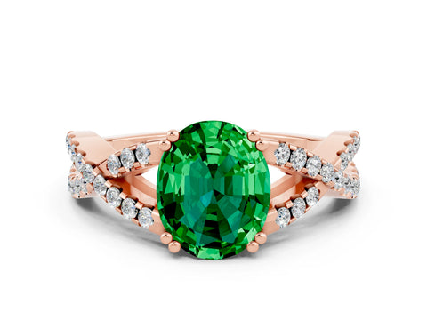 Rose gold Oval Cut Emerald Solitaire Ring with Four-Prong Setting and Twisted Pavé Band